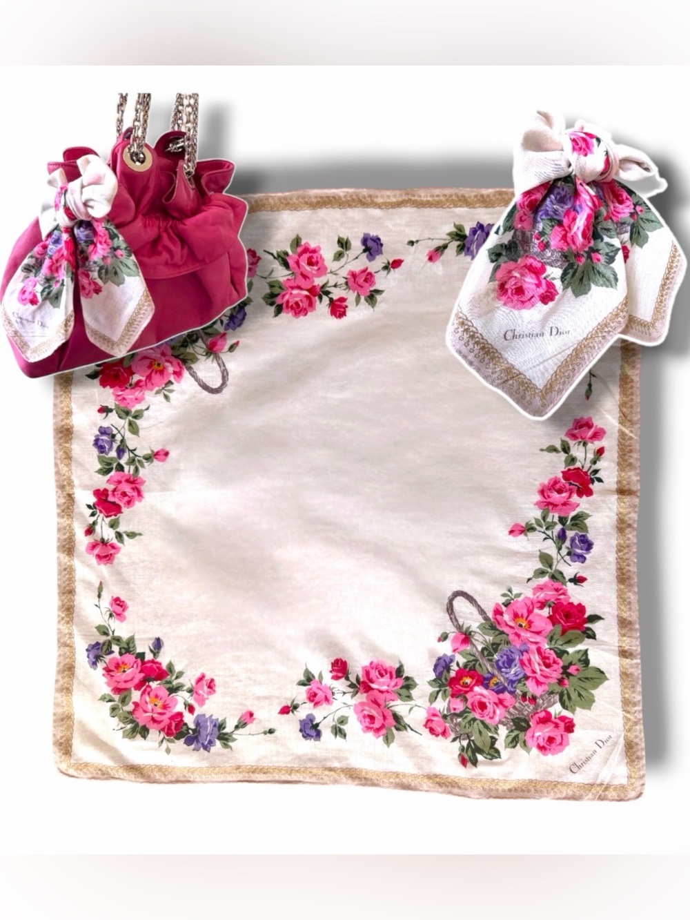 Dior Pink Floral Cottagecore Silky Scarf Bandana Headband Bag Scarf Neckerchief